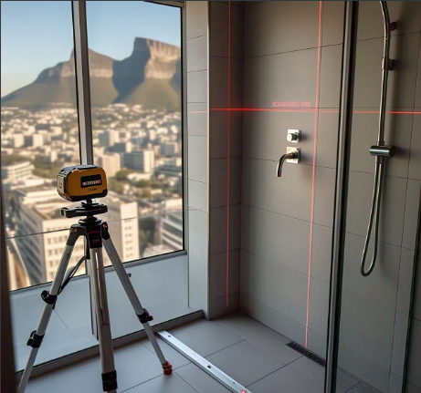 Measuring shower floor slope with a Bosch laser level in a Cape Town bathroom renovation.