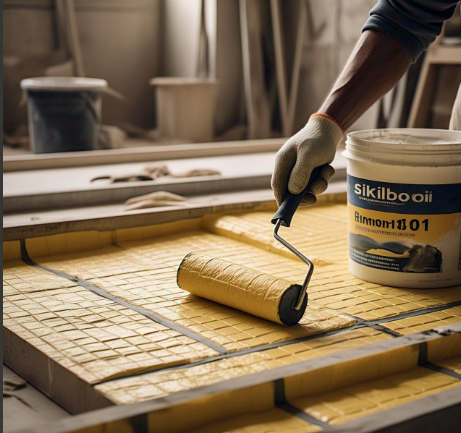 Installing Schluter Kerdi waterproof membrane during a Constantia shower renovation.