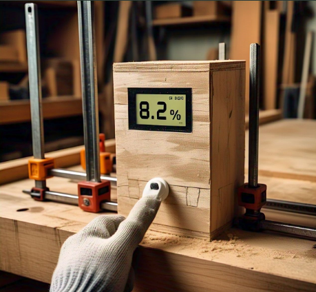 Testing plywood moisture content before French cleat installation.